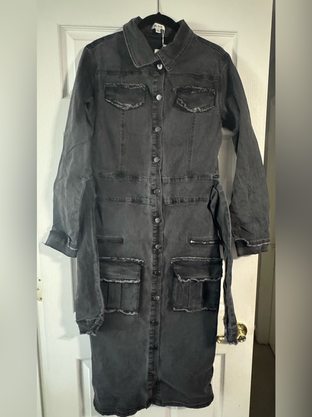 Long Washed Black Utility Jean Jacket Dress with Belt